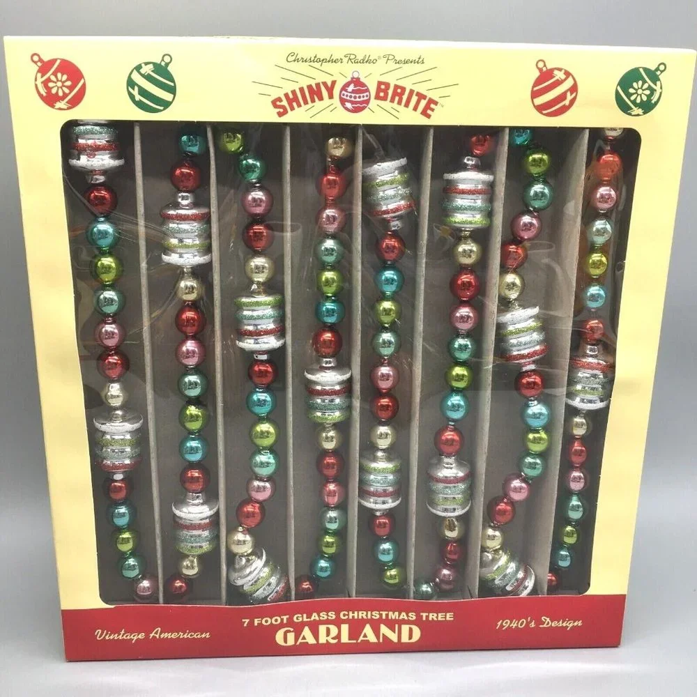 x3 Radko Shiny Brite Glass Christmas Tree Garland Figural Red Pink Aqua 7/ 21ft